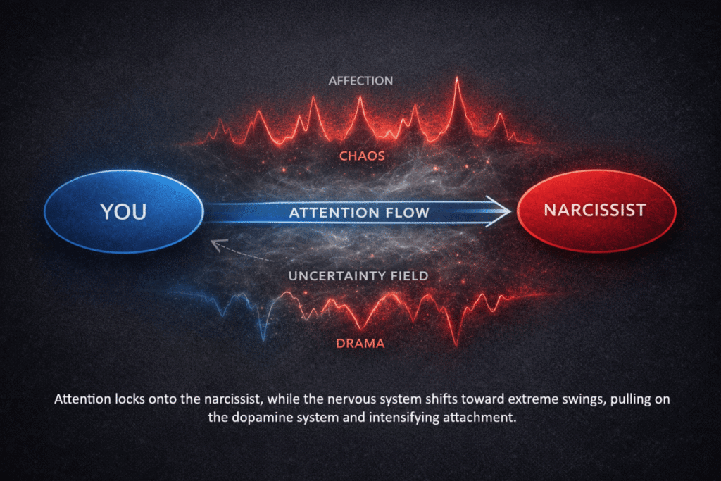 Diagram showing attention flow from “You” to the narcissist, with emotional chaos and uncertainty creating intermittent reinforcement and attachment through dopamine-driven reward patterns.
