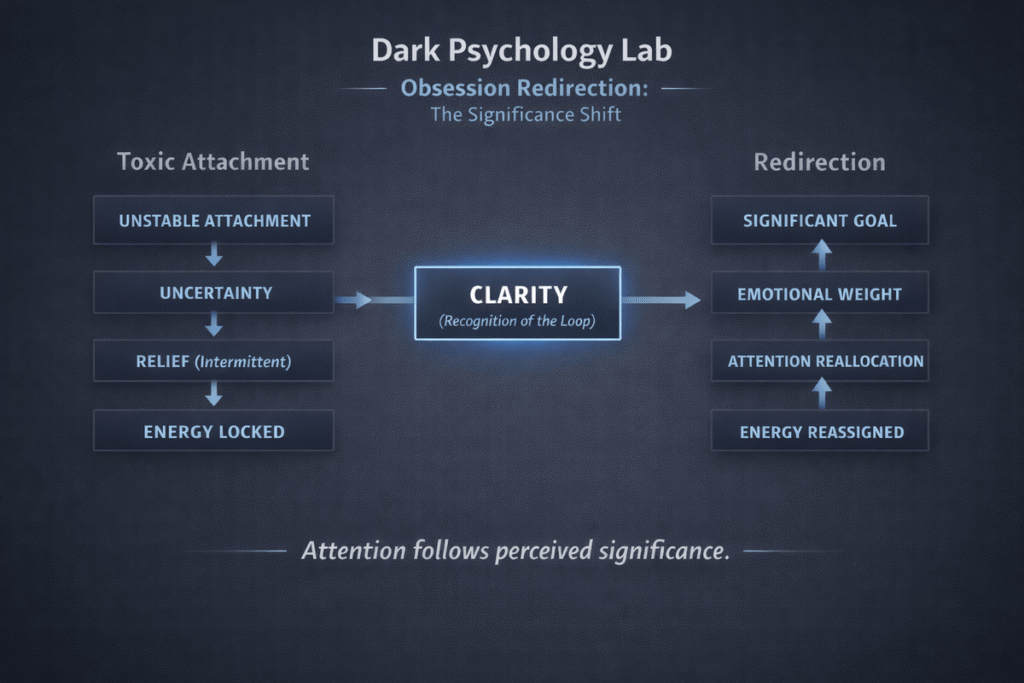 Obsession redirection diagram showing toxic attachment, clarity, and energy reallocation through significance shift