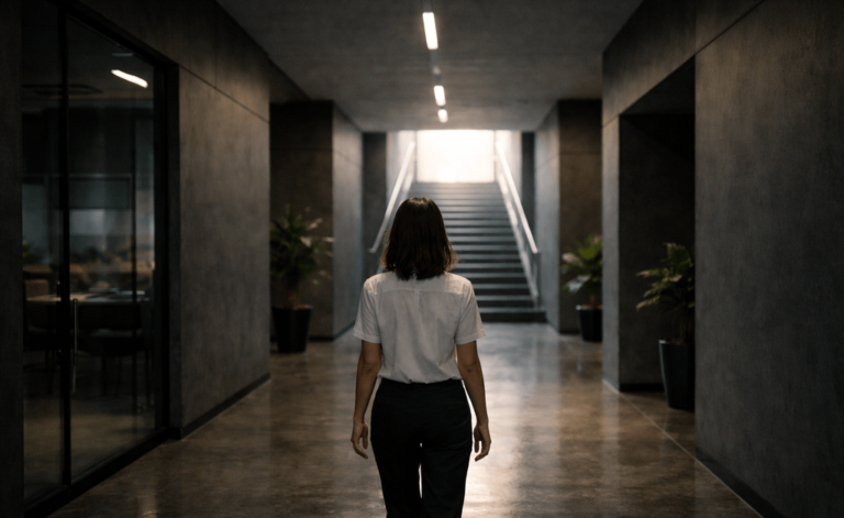 Product page hero image. This program helps you understand how workplace mobbing works, recognize the signs early, and regain clarity and protection in toxic work environments. AI-generated illustration depicting a fictional person for conceptual purposes.