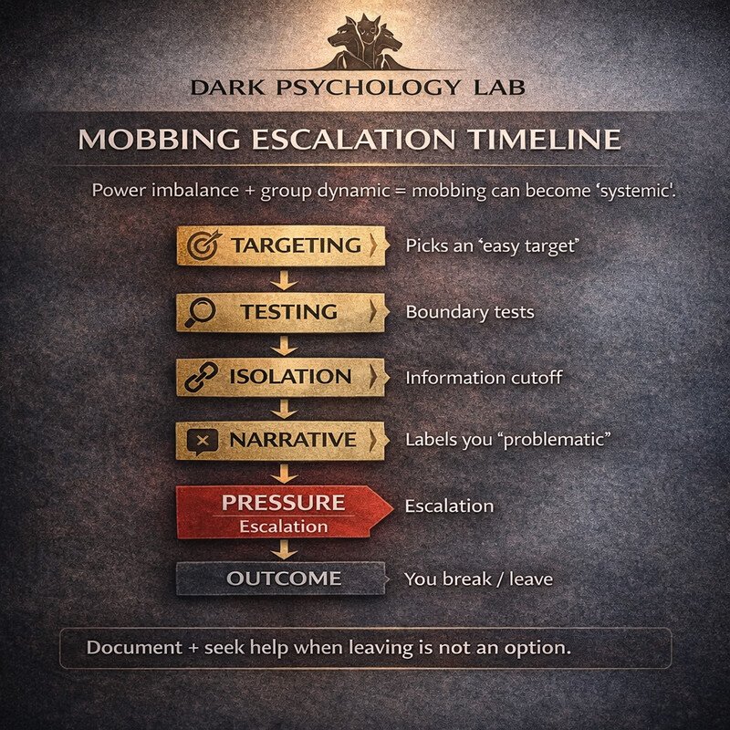 Infographic showing workplace mobbing escalation stages: targeting, testing, isolation, narrative control, pressure, and forced exit in a toxic corporate environment.