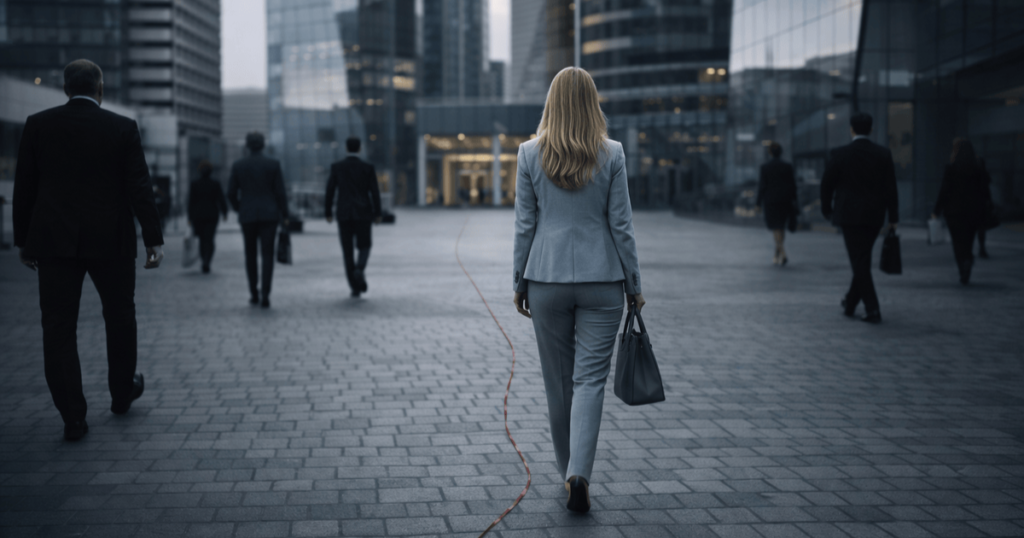 A person walking toward a corporate office building in a cold business district, symbolizing workplace mobbing and psychological isolation. AI-generated illustration depicting a fictional person for conceptual purposes.