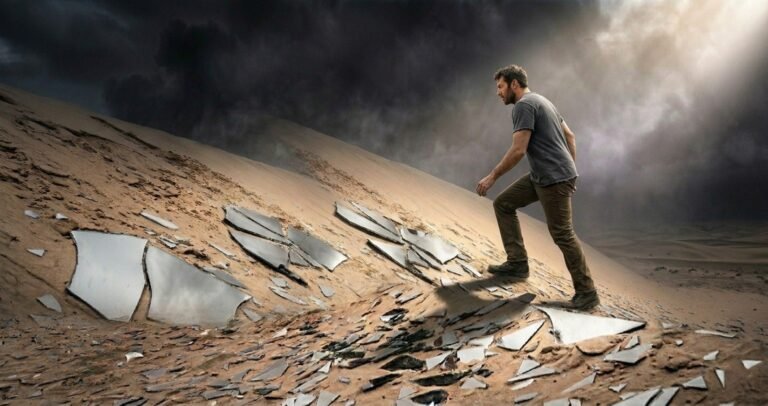 Man walking through broken mirrors symbolizing reality distortion, self-doubt, and psychological confusion caused by gaslighting