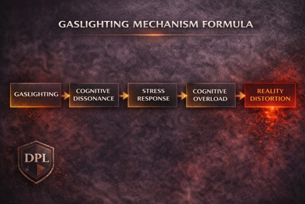 Gaslighting mechanisms formula showing the escalation process: distortion, confusion, self-doubt, emotional destabilization, isolation, and reality replacement.