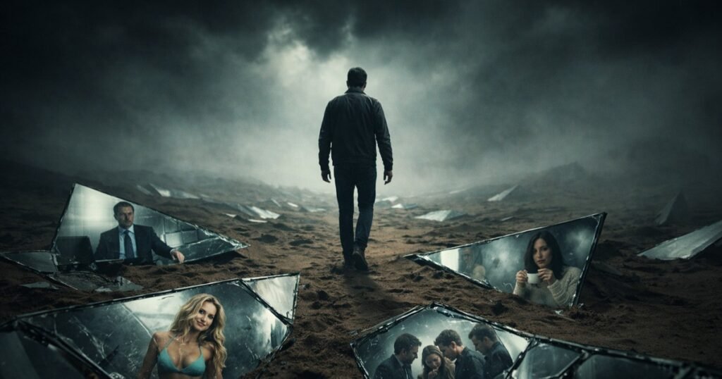 Man walking through a foggy desert with broken mirror fragments showing distorted reflections of different people, symbolizing gaslighting and psychological reality distortion