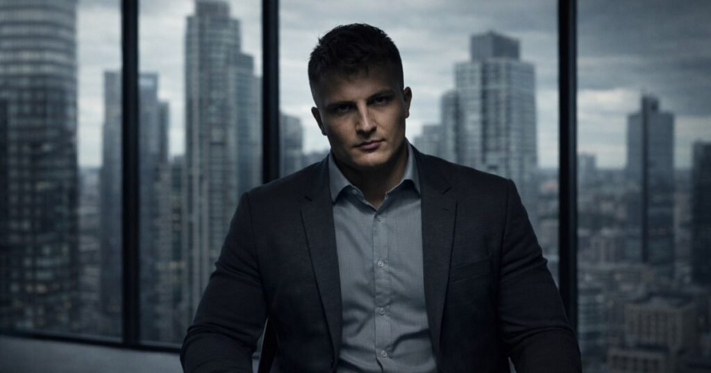 Symbolic image of a toxic boss in a corporate office environment representing workplace power imbalance and psychological pressure.