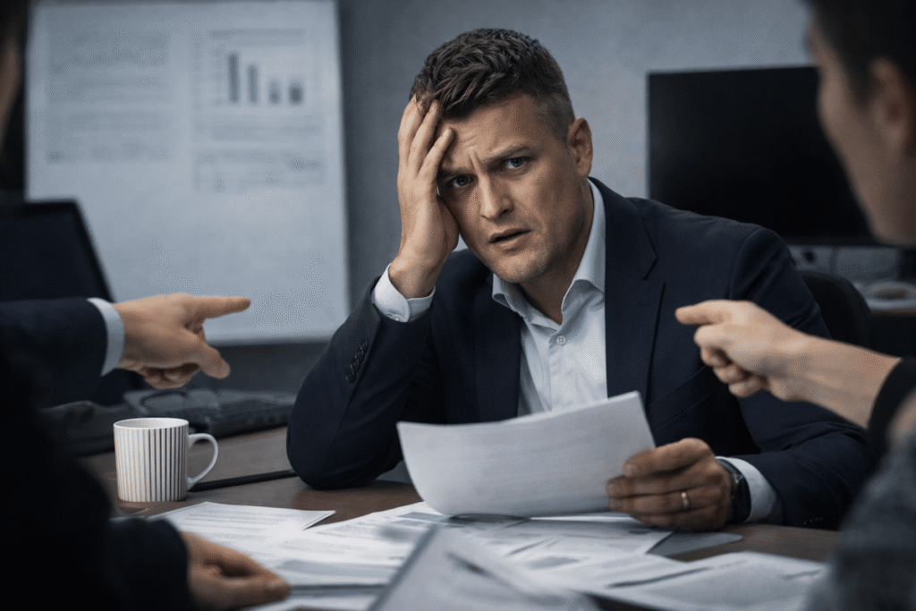 Director exposed in a lie, losing control as evidence is presented during a workplace confrontation.