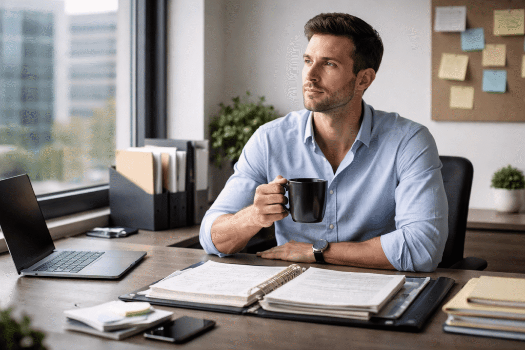 Confident man at an office desk reflecting calmly, representing a clean exit from a toxic work environment