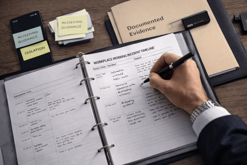 Hand writing a structured workplace mobbing incident timeline with documented evidence and notes