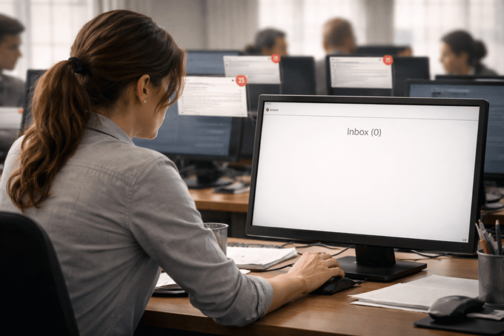 Social isolation at work: female employee ignored in open office environment, empty inbox and silent coworkers.
