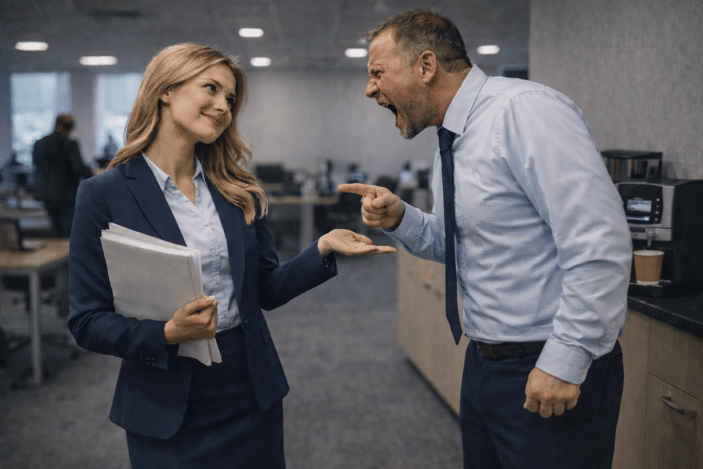 Woman calmly responding while an angry man points and shouts in an office environment, symbolizing brief, firm, and professional communication