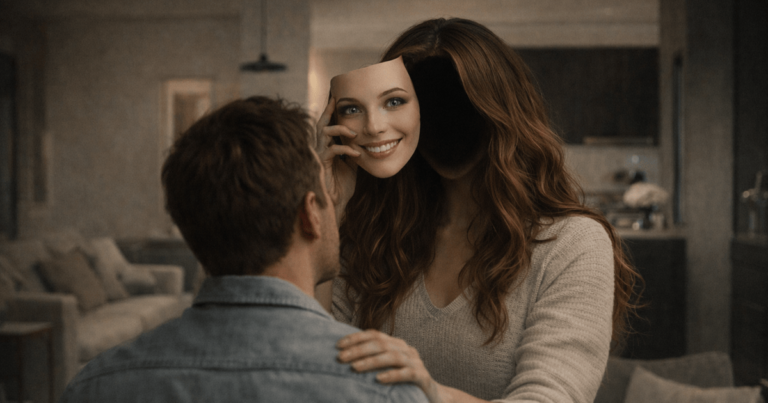 Illustration of a modern couple in a home environment, representing emotional manipulation and hidden identity. AI-generated illustration depicting a fictional person for conceptual purposes.