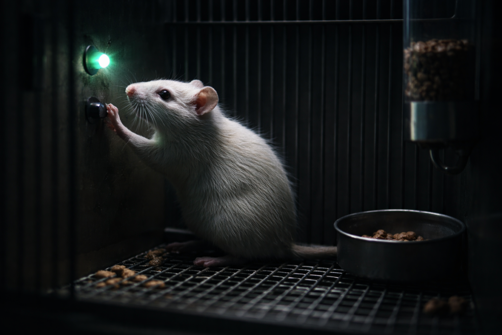 Laboratory rat pressing a lever in a Skinner box, illustrating intermittent reinforcement and conditioned behavior