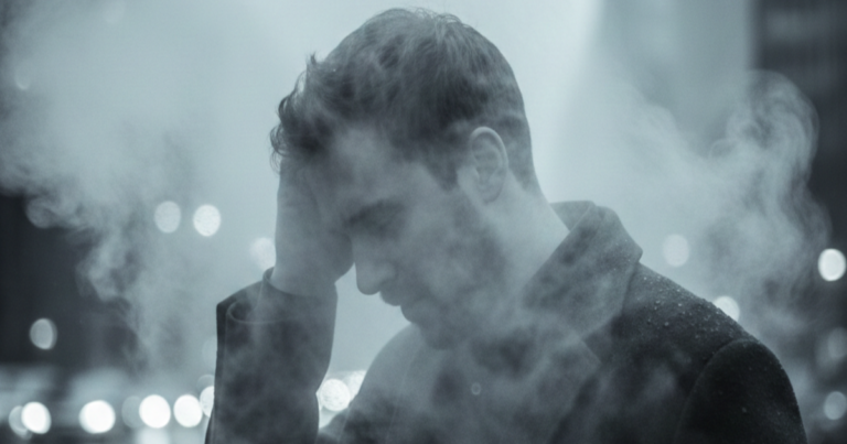 Man overwhelmed by intrusive thoughts and emotional fog, representing obsession and mental exhaustion in a toxic relationship