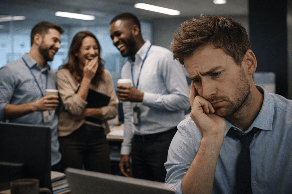 Man looking distressed at his desk while coworkers laugh in the background, symbolizing assertive communication attempts in a manipulative or hostile work environment