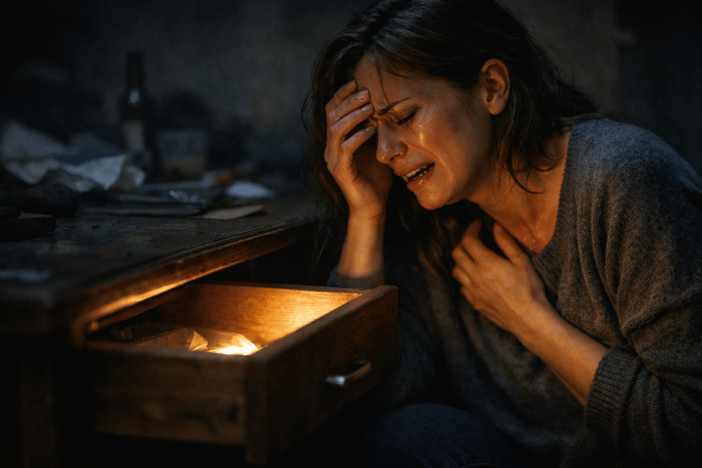 Woman sitting in distress beside an open drawer emitting light, symbolizing realization, preparation, and an internal exit plan from a harmful situation