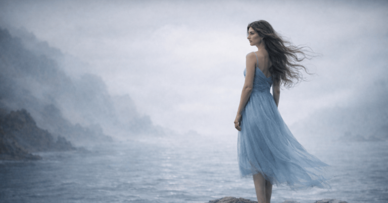 Woman standing alone by the sea, symbolizing emotional allure, control, and hidden narcissistic traits