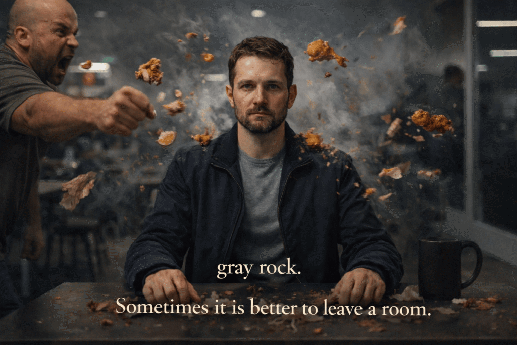 Man sitting calmly at a table while aggressive behavior and objects explode around him, symbolizing emotional neutrality under psychological attack (Gray Rock Method)