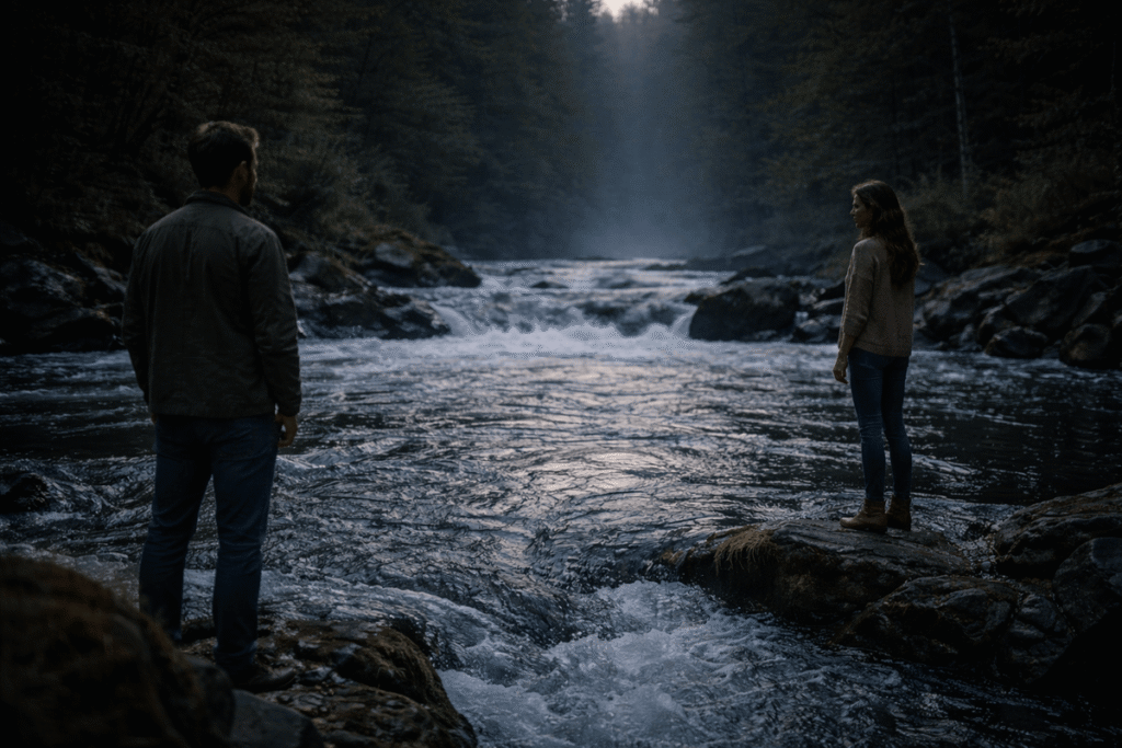 Man and woman standing on opposite sides of a river in a forest, symbolizing emotional distance, personal boundaries, and mutual separation