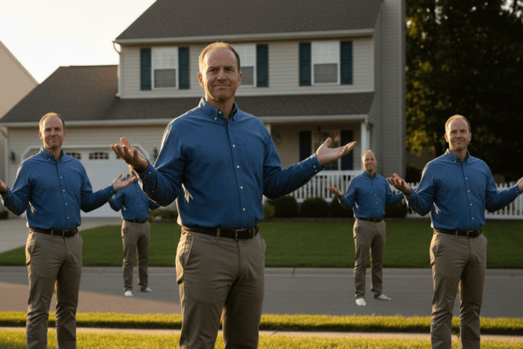 Illustration of “Neighbor Joe” multiplying into several identical figures, symbolizing repeated provocation and how gaslighting escalates when confusion is reinforced from multiple directions. AI-generated illustration depicting a fictional person for conceptual purposes.