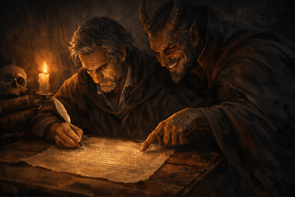 Mythical scene of Faust signing a contract while Mephistopheles points at the fine print, symbolizing manipulation as a hidden psychological contract.