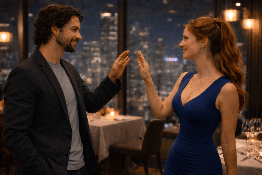 Two people facing each other with raised hands, symbolizing emotional mirroring and controlled detachment in manipulative interactions