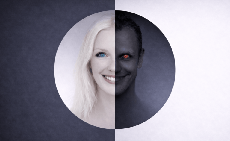 Split-face portrait representing both male and female narcissism, showing the contrast between a charming facade and a darker manipulative core, highlighting how narcissistic traits can manifest differently across genders.