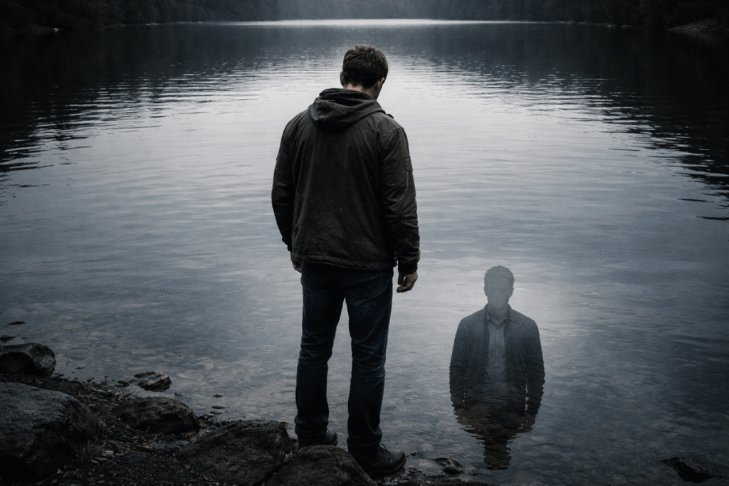 Narcissus looking into a lake and seeing his own reflection as a symbol of projection and self-deception