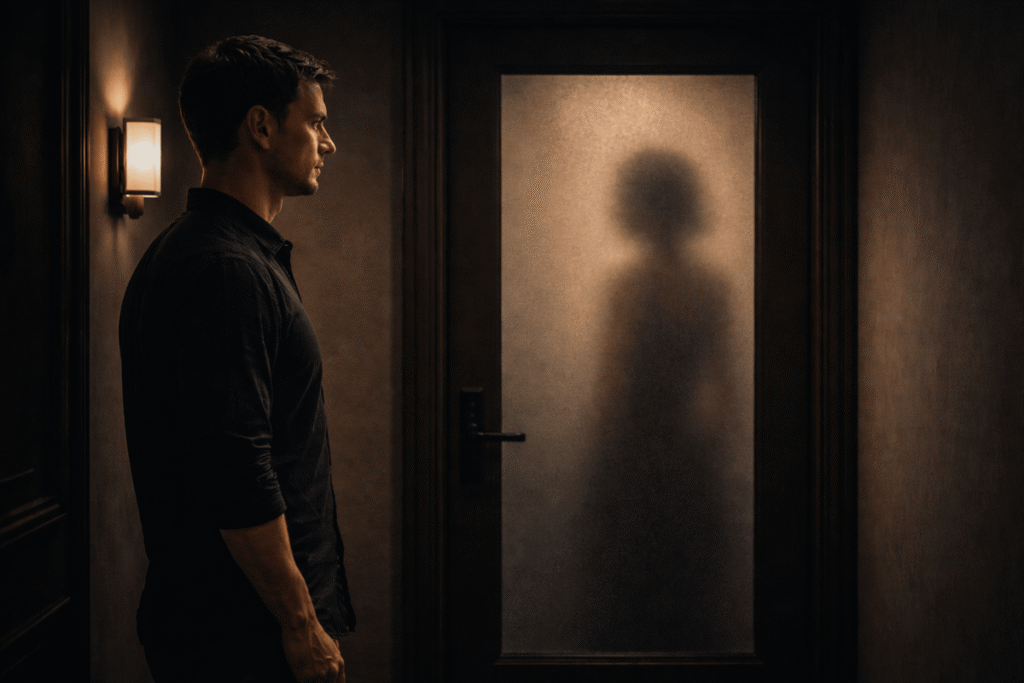 Man standing calmly in front of a closed door with a shadow behind frosted glass, symbolizing complete separation and the decision to end all contact