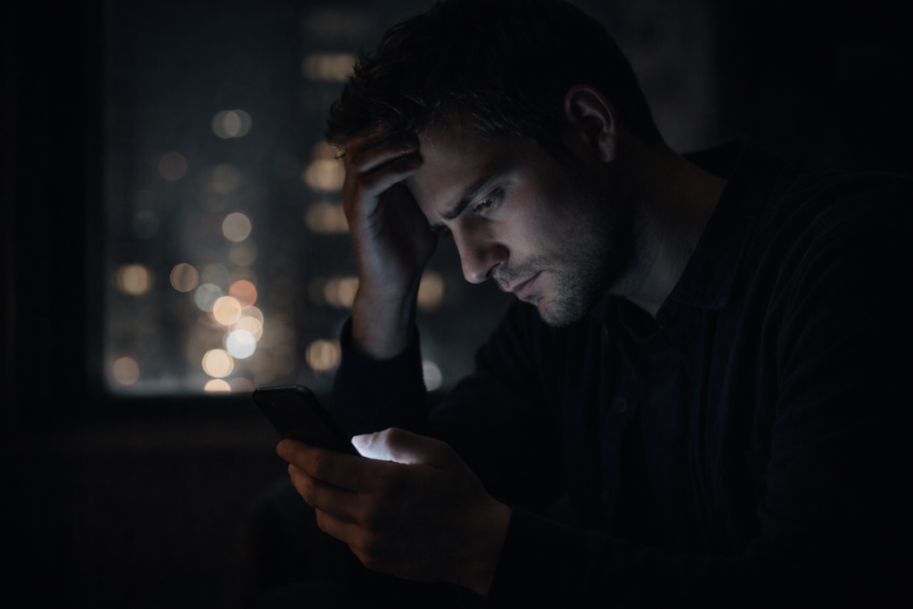 Man checking his phone at night with visible tension, representing obsessive checking and loss of emotional control
