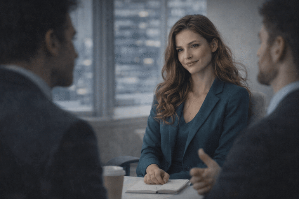Woman in a business setting smiling politely while subtly asserting control, symbolizing passive-aggressive behavior