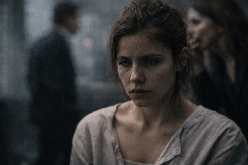 Emotionally exhausted woman with distant, glassy eyes surrounded by others, symbolizing personality erosion under prolonged psychological pressure