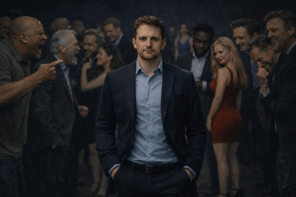 Man standing calmly in the center while people around him engage in emotional reactions, symbolizing awareness and psychological detachment from manipulation