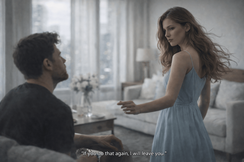 Woman threatening to leave during an argument, symbolizing push-pull manipulation and emotional control