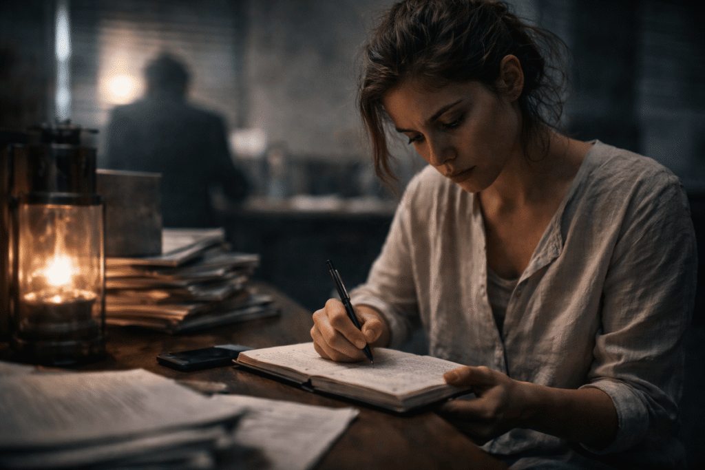 Person calmly writing notes in a quiet space, symbolizing clarity, documentation, and self-protection after psychological manipulation