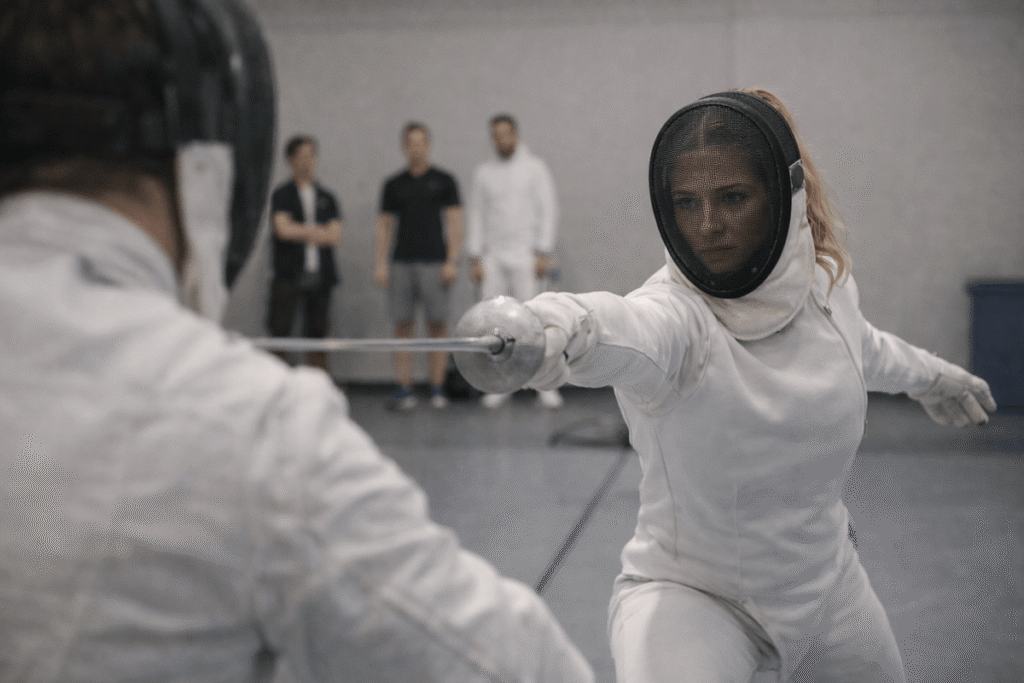 Fencer in protective gear focusing on a precise movement, symbolizing small, controlled actions that build confidence and resilience over time