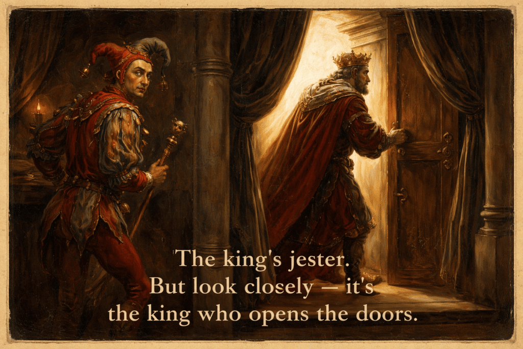 Medieval jester watching as a king opens a door, symbolizing strategic naivety, hidden observation, and power behind apparent foolishness