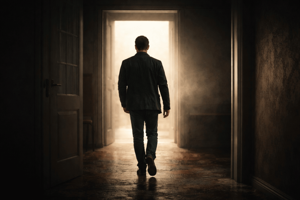 Person walking away from a dark corridor toward light, symbolizing strategic withdrawal from a manipulative environment