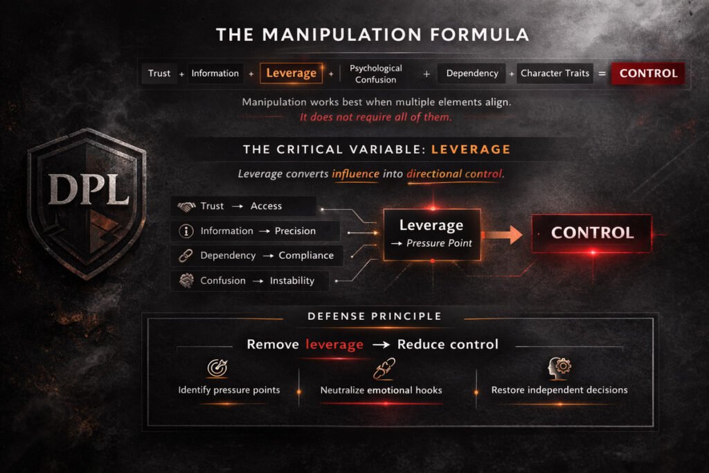 Infographic showing the manipulation formula: trust, information, leverage, psychological confusion, dependency, and character traits leading to control, with leverage highlighted as the critical variable.