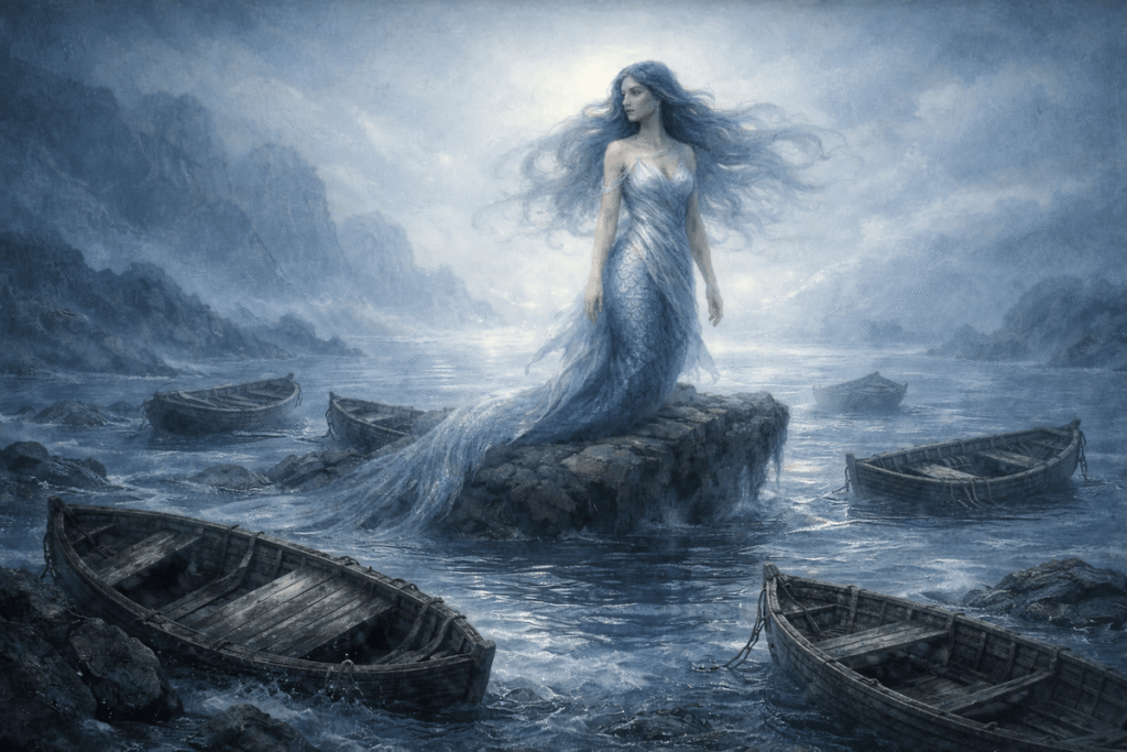 Mythological siren standing on rocks by the sea, symbolizing emotional allure, idealization, and psychological pull