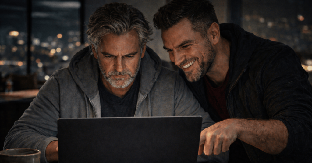 Two men at a laptop, one focused and serious, the other subtly smiling and pointing at the screen, symbolizing hidden manipulation and an unspoken psychological contract.