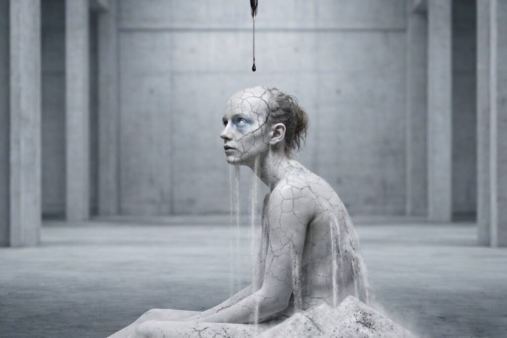 A cracked, exhausted woman beneath a dripping dark substance, symbolizing cumulative psychological harm caused by DBATC.