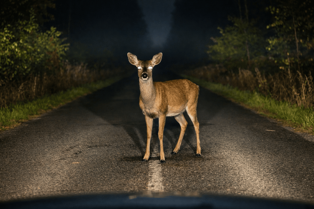 Deer frozen in car headlights, used as a metaphor for confusion and paralysis caused by gaslighting. AI-generated illustration depicting a fictional person for conceptual purposes.