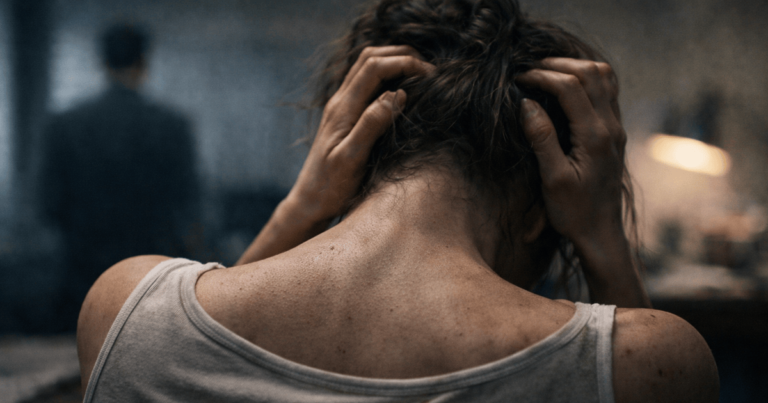 Person experiencing psychological pressure and emotional exhaustion, symbolizing coercive control and workplace mobbing.