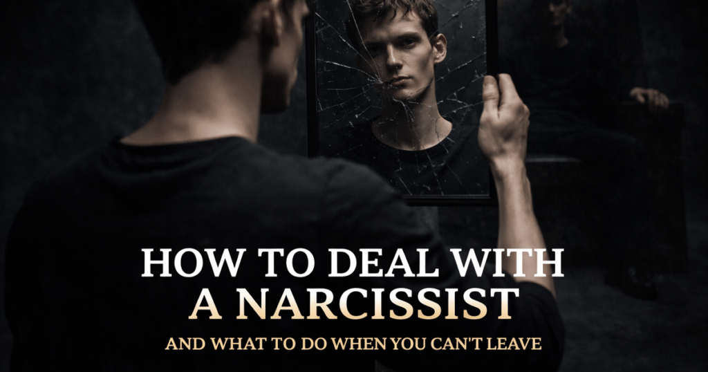 Man holding a cracked mirror, symbolizing narcissistic reflection, identity distortion, and psychological control in a toxic relationship