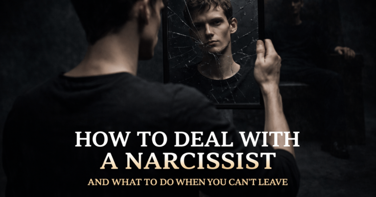 Man holding a cracked mirror, symbolizing narcissistic reflection, identity distortion, and psychological control in a toxic relationship