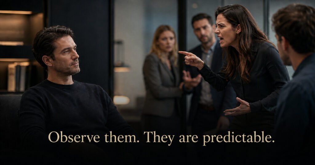 Calm man observing an angry woman using manipulation and triangulation tactics in a tense office setting.