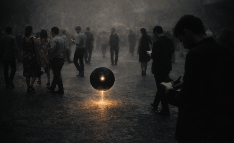 A dark urban scene where people move through daily life while an unseen black sphere glows near the ground, symbolizing inner transformation and unnoticed psychological darkness.