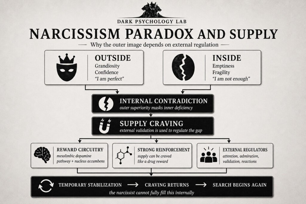 Infographic explaining the narcissism paradox, where external grandiosity and confidence cover internal emptiness, fragility, and the need for narcissistic supply.