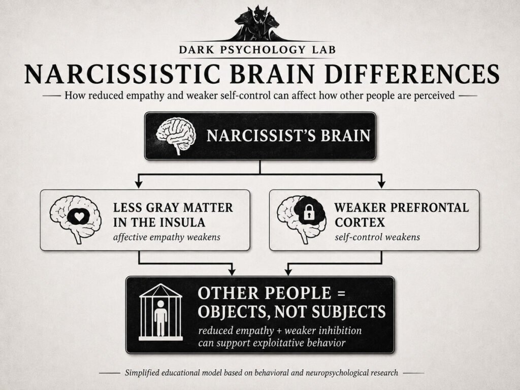 Infographic showing how reduced affective empathy and weaker self-control in narcissistic functioning may contribute to seeing other people more as objects than full subjects.