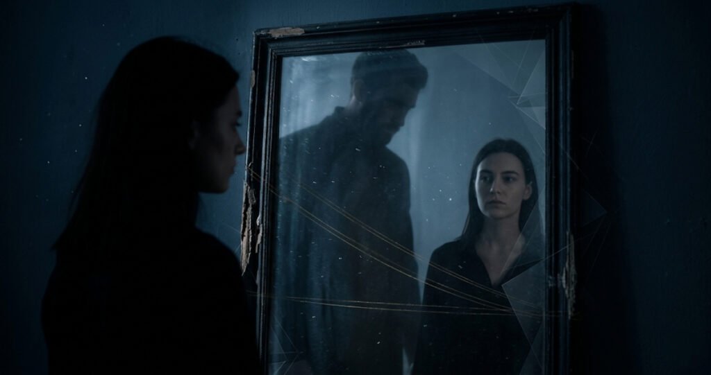 Woman standing near a mirror with a distorted male reflection symbolizing narcissistic projection, psychological control, and toxic relationship dynamics.